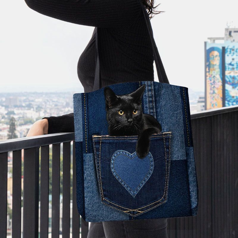 Frauen Fühlten Nette Dreidimensionale Schwarze Katze 3d Innerhalb Jeans-muster-schulter-beutel-handtaschen-tote