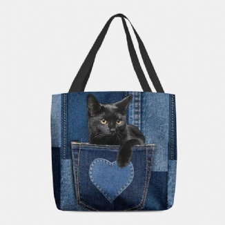 Frauen Fühlten Nette Dreidimensionale Schwarze Katze 3d Innerhalb Jeans-muster-schulter-beutel-handtaschen-tote