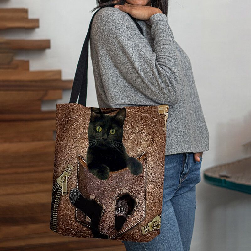 Frauen Fühlten Sich Niedlich 3d Dreidimensionale Cartoon Schwarze Katze Muster Umhängetasche Handtasche Tote