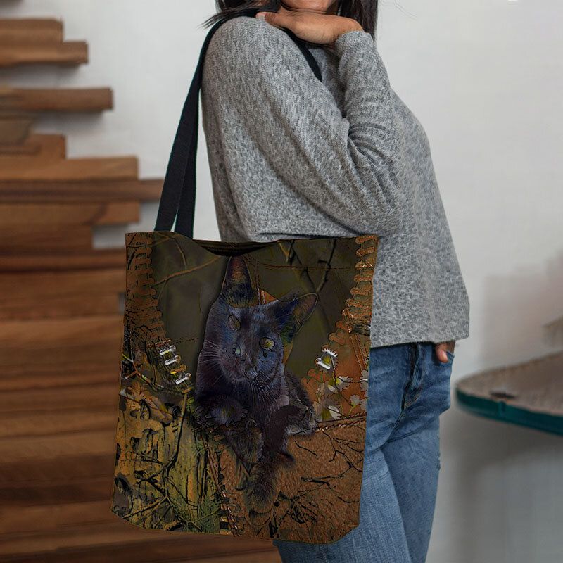 Frauen Fühlten Sich Niedlich 3d Dreidimensionale Cartoon Schwarze Katze Zweig Muster Umhängetasche Handtasche Tote