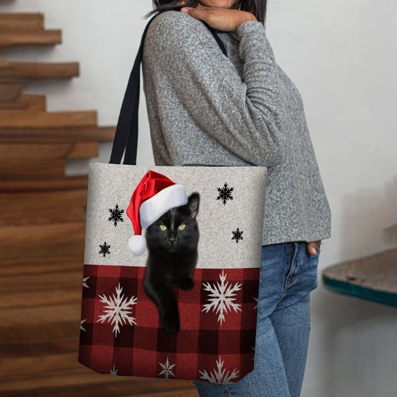 Frauen Fühlten Sich Niedlich Cartoon Festlich Weihnachten Gekleidet Katze Schneeflocke Muster Umhängetasche Handtasche Tote