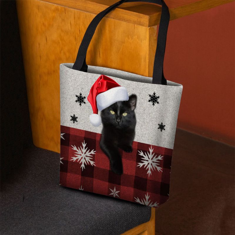 Frauen Fühlten Sich Niedlich Cartoon Festlich Weihnachten Gekleidet Katze Schneeflocke Muster Umhängetasche Handtasche Tote