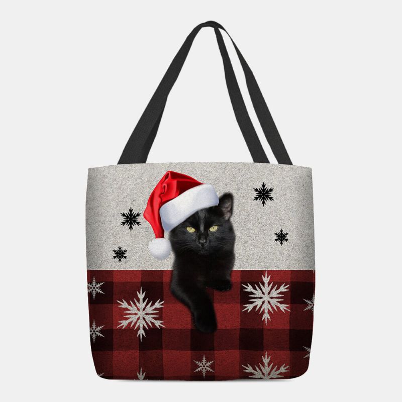 Frauen Fühlten Sich Niedlich Cartoon Festlich Weihnachten Gekleidet Katze Schneeflocke Muster Umhängetasche Handtasche Tote