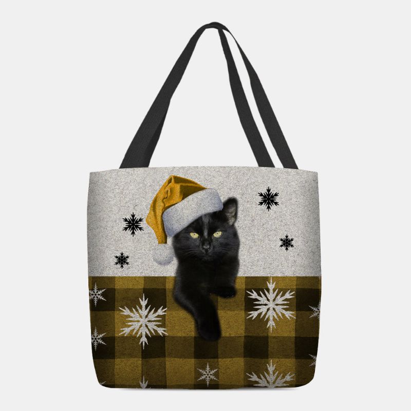 Frauen Fühlten Sich Niedlich Cartoon Festlich Weihnachten Gekleidet Katze Schneeflocke Muster Umhängetasche Handtasche Tote