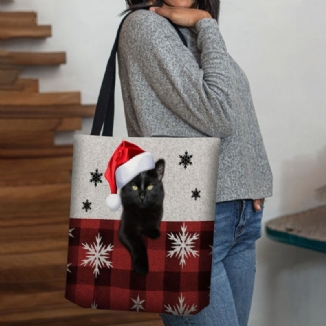 Frauen Fühlten Sich Niedlich Cartoon Festlich Weihnachten Gekleidet Katze Schneeflocke Muster Umhängetasche Handtasche Tote