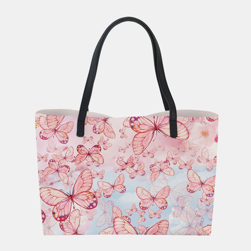 Frauen-kunstleder-große Kapazitäts-blumenkatzen-schmetterlings-drucken-beiläufige Nette Handtaschen-schulter-beutel-beutel-tasche