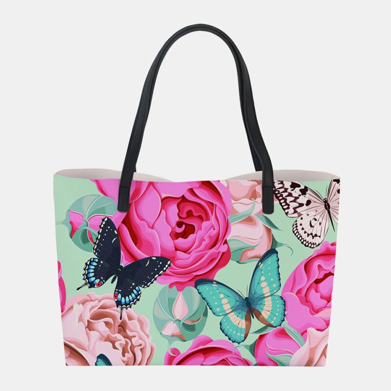 Frauen-kunstleder-große Kapazitäts-blumenkatzen-schmetterlings-drucken-beiläufige Nette Handtaschen-schulter-beutel-beutel-tasche