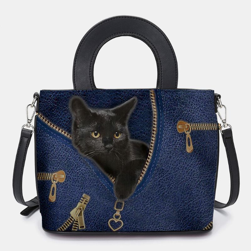 Frauen-kunstleder-karikatur-schwarze Katzen-muster Multi-carry-handtasche Umhängetasche Umhängetasche