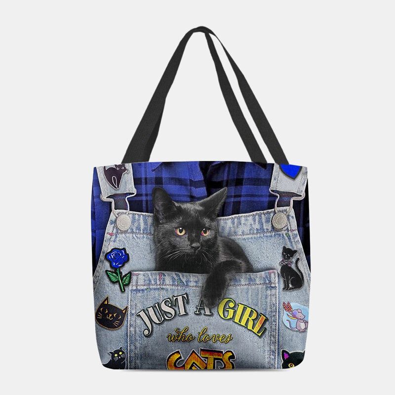 Frauen Leinwand Dreidimensionale 3d-nette Schwarze Katze Handtasche Tote Umhängetasche