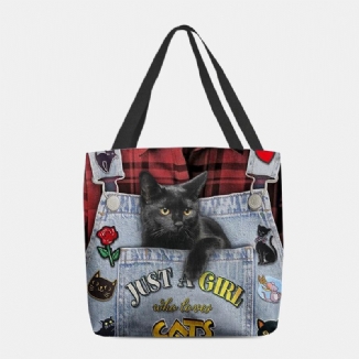 Frauen Leinwand Dreidimensionale 3d-nette Schwarze Katze Handtasche Tote Umhängetasche