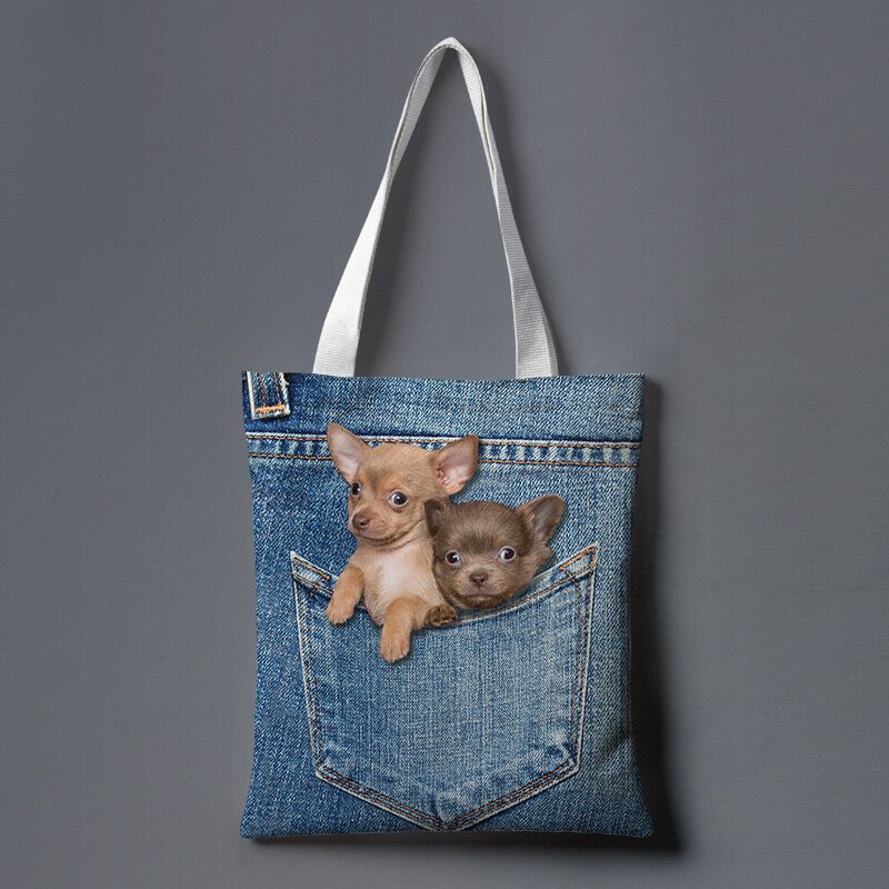 Frauen Leinwand Katze Hund Innen Jeans Muster Große Kapazität Schultasche Umhängetasche Handtasche Tragetasche