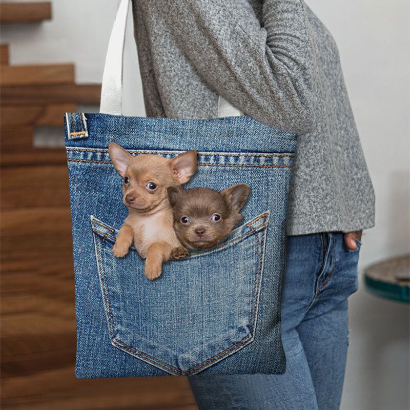 Frauen Leinwand Katze Hund Innen Jeans Muster Große Kapazität Schultasche Umhängetasche Handtasche Tragetasche