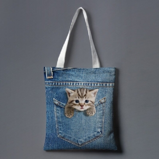 Frauen Leinwand Katze Hund Innen Jeans Muster Große Kapazität Schultasche Umhängetasche Handtasche Tragetasche