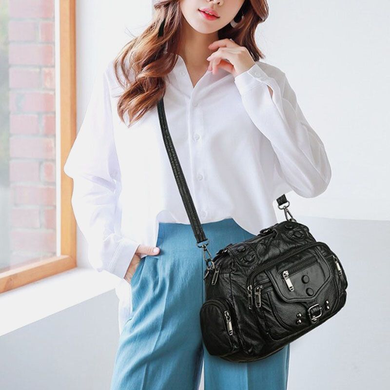 Frauen Pu-leder Große Kapazität Multi-pocket-niet-dekoration Retro Soft Tote Handtaschen Crossbody-taschen