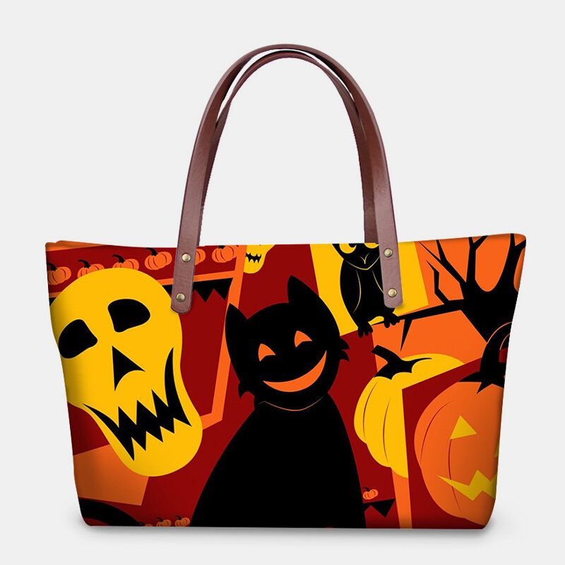 Frauen Pu-leder Neopren Halloween Stil Kürbis Totenkopf Festival Muster Große Kapazität Mom Bag Student Bag Umhängetasche Handtasche