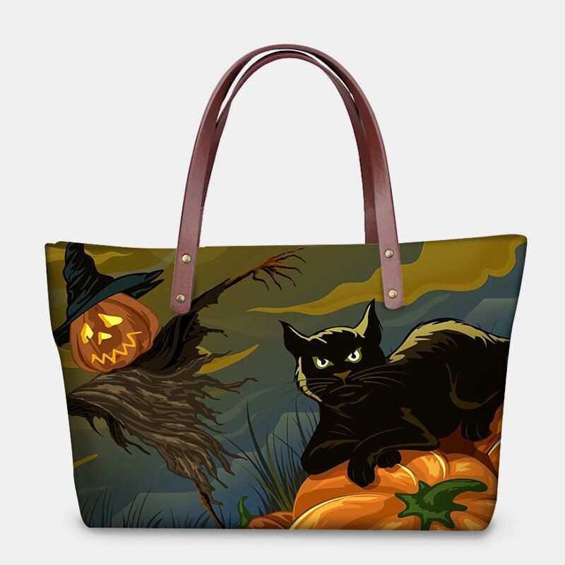 Frauen Pu-leder Neopren Halloween Stil Kürbis Totenkopf Festival Muster Große Kapazität Mom Bag Student Bag Umhängetasche Handtasche