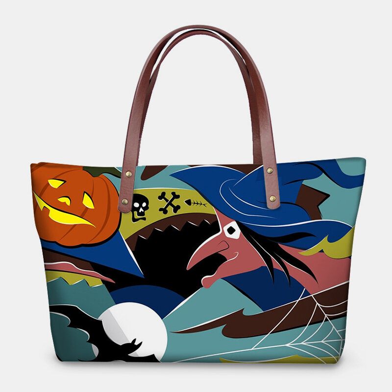 Frauen Pu-leder Neopren Halloween Stil Kürbis Totenkopf Festival Muster Große Kapazität Mom Bag Student Bag Umhängetasche Handtasche