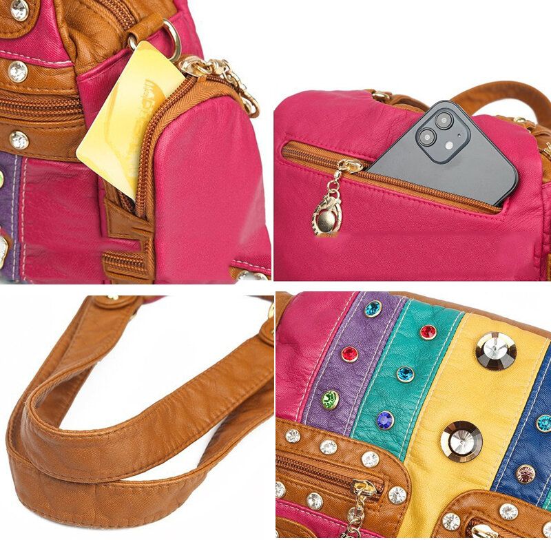 Frauen Pu-leder Strass Patchwork Wasserdicht Vintage Umhängetasche Handtasche Tote Umhängetaschen