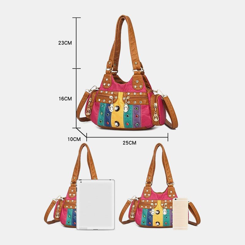 Frauen Pu-leder Strass Patchwork Wasserdicht Vintage Umhängetasche Handtasche Tote Umhängetaschen