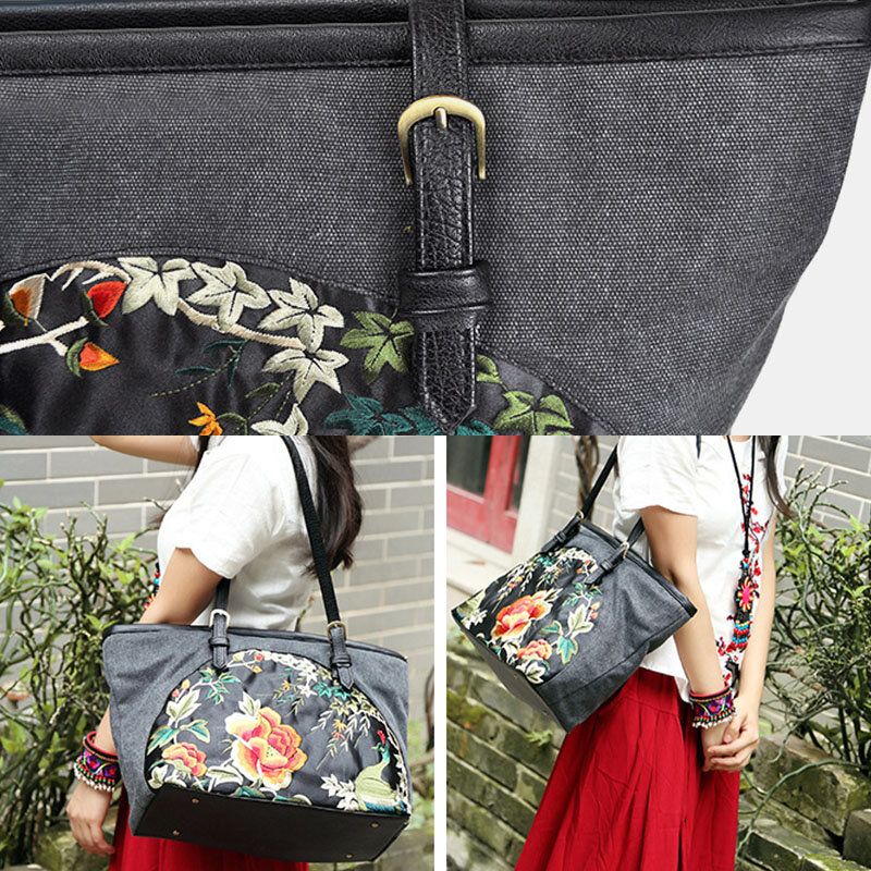 Frauen-segeltuch-ethno-art-gesticktes Blumen-große Kapazitäts-handtaschen-schulter-beutel-tote