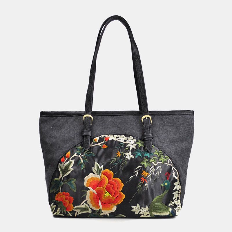 Frauen-segeltuch-ethno-art-gesticktes Blumen-große Kapazitäts-handtaschen-schulter-beutel-tote