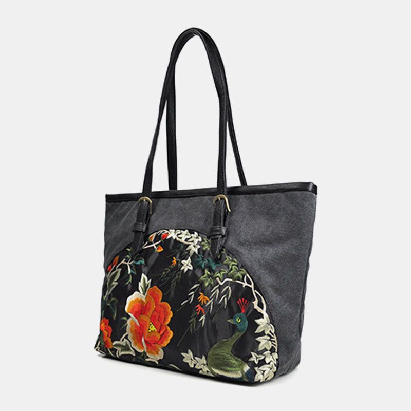 Frauen-segeltuch-ethno-art-gesticktes Blumen-große Kapazitäts-handtaschen-schulter-beutel-tote