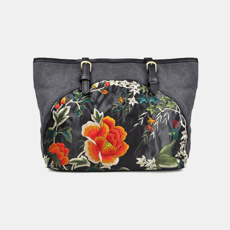 Frauen-segeltuch-ethno-art-gesticktes Blumen-große Kapazitäts-handtaschen-schulter-beutel-tote