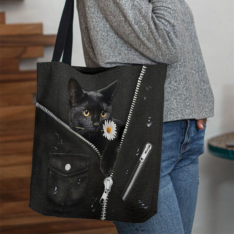 Frauen-segeltuch-nette Dreidimensionale 3d Schwarze Katze Mit Blumen-muster-umhängetasche-handtaschen-tote