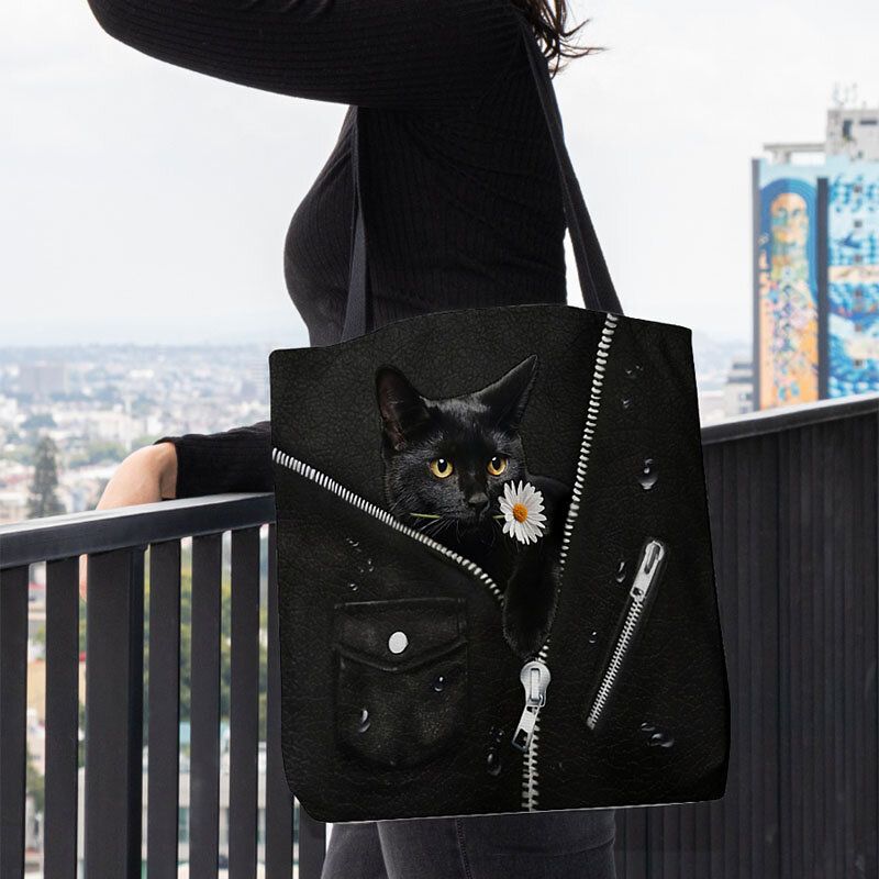 Frauen-segeltuch-nette Dreidimensionale 3d Schwarze Katze Mit Blumen-muster-umhängetasche-handtaschen-tote