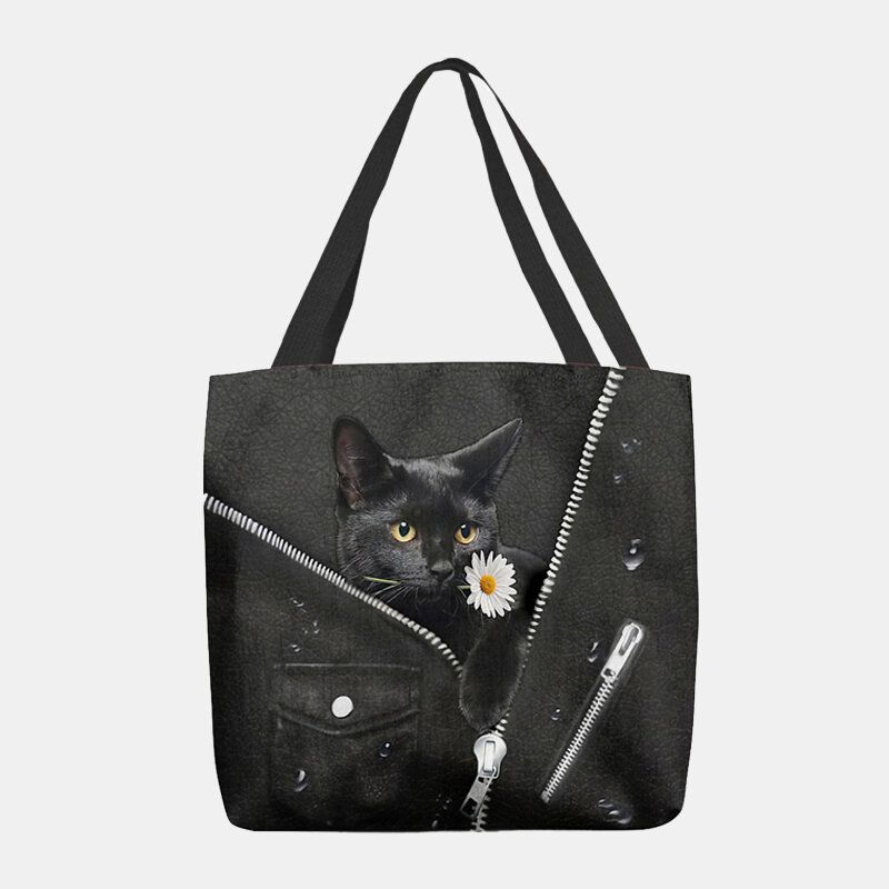 Frauen-segeltuch-nette Dreidimensionale 3d Schwarze Katze Mit Blumen-muster-umhängetasche-handtaschen-tote