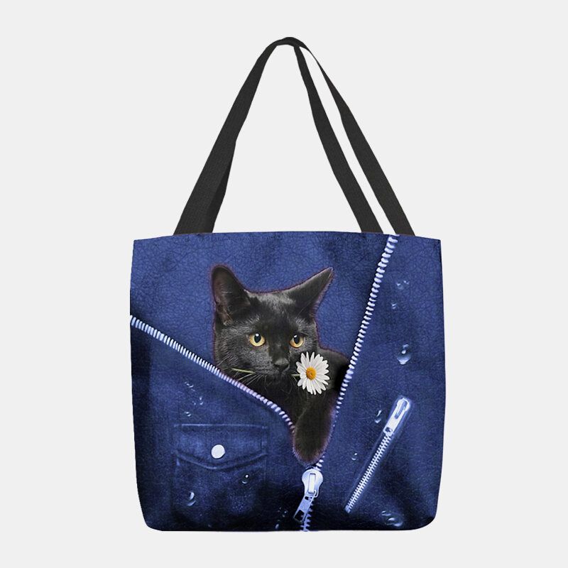 Frauen-segeltuch-nette Dreidimensionale 3d Schwarze Katze Mit Blumen-muster-umhängetasche-handtaschen-tote