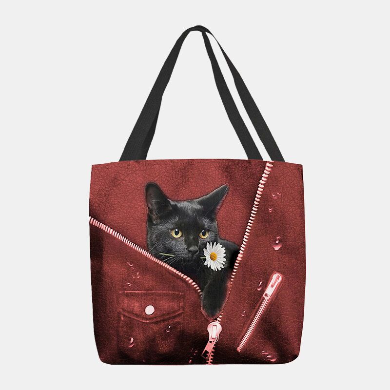 Frauen-segeltuch-nette Dreidimensionale 3d Schwarze Katze Mit Blumen-muster-umhängetasche-handtaschen-tote