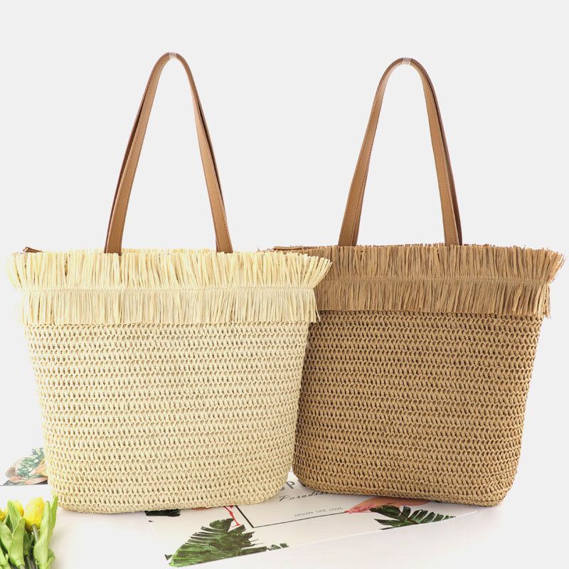 Frauen Stroh Große Kapazität Casual Retro Atmungsaktive Strandtasche Handtasche Umhängetasche