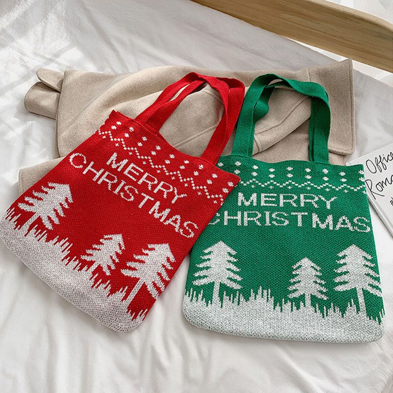 Frauen Wolle Weihnachtsbaum Schneeflocke Brief Muster Lässig Festliche Handtasche Tote Umhängetasche