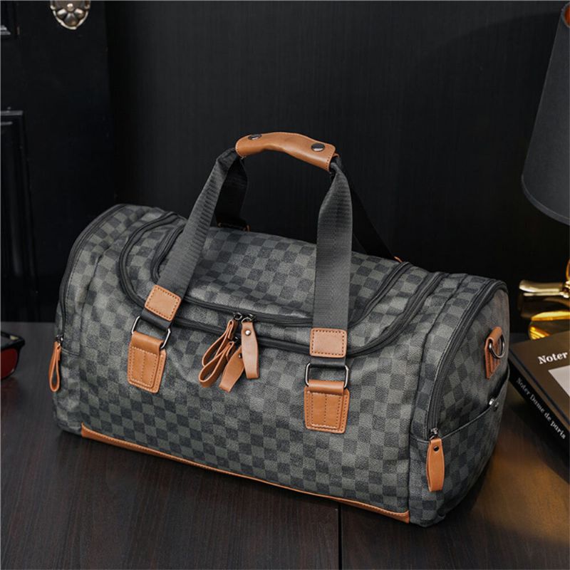 Männer Pu-leder Plaid Muster Multifunktionshandtasche Mode Multi-pocket-reisetasche Fitnesstasche Umhängetasche Umhängetasche