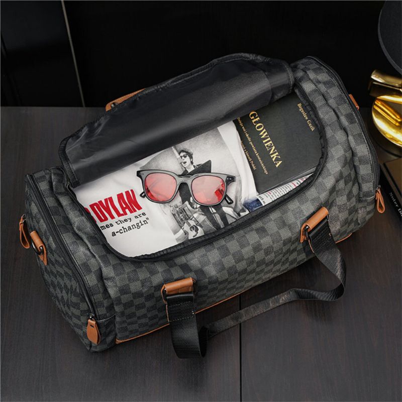 Männer Pu-leder Plaid Muster Multifunktionshandtasche Mode Multi-pocket-reisetasche Fitnesstasche Umhängetasche Umhängetasche