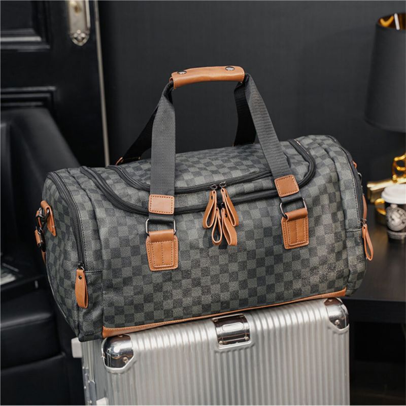 Männer Pu-leder Plaid Muster Multifunktionshandtasche Mode Multi-pocket-reisetasche Fitnesstasche Umhängetasche Umhängetasche