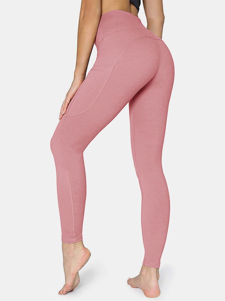 Damen Einfarbig Seitentasche Hip Lift Sport Yoga Legging