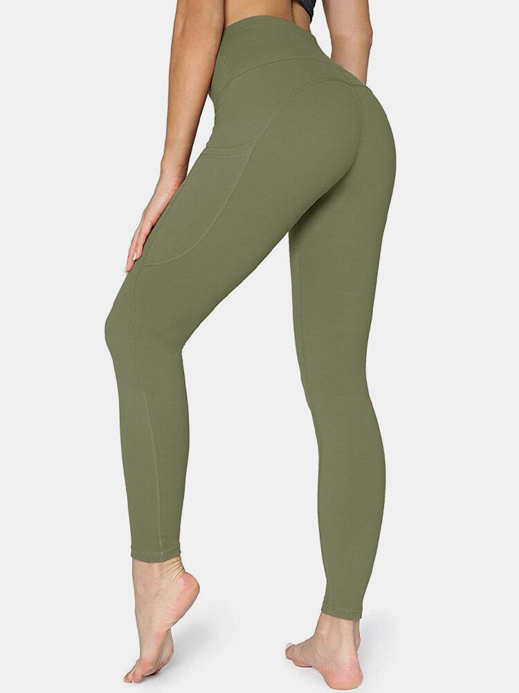 Damen Einfarbig Seitentasche Hip Lift Sport Yoga Legging