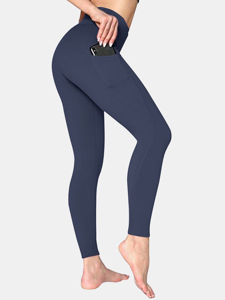 Damen Einfarbig Seitentasche Hip Lift Sport Yoga Legging