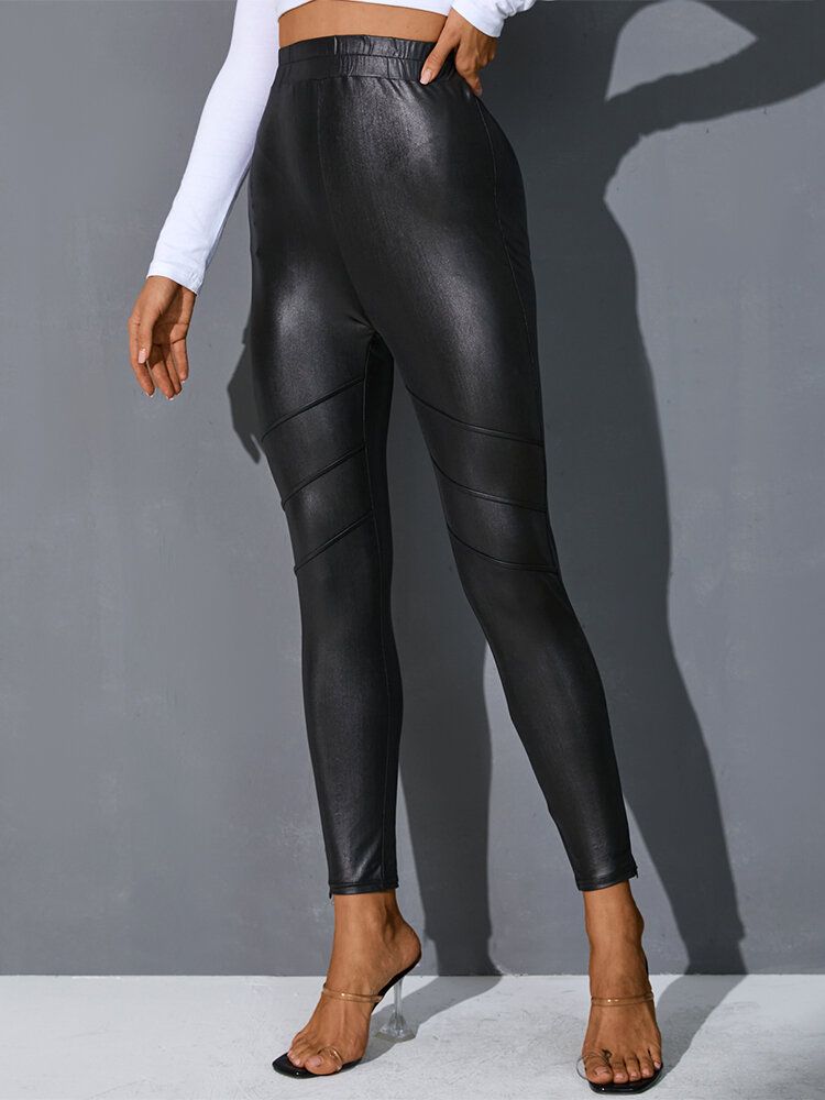 Damen-volltonfarbe Figurbetontes Pu-leder Stilvolle Lässige Leggings