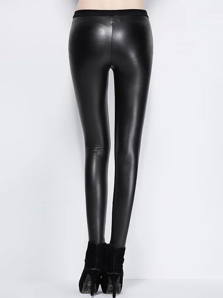 Einfarbige Figurbetonte Lange Lässige Leggings Aus Leder Für Damen