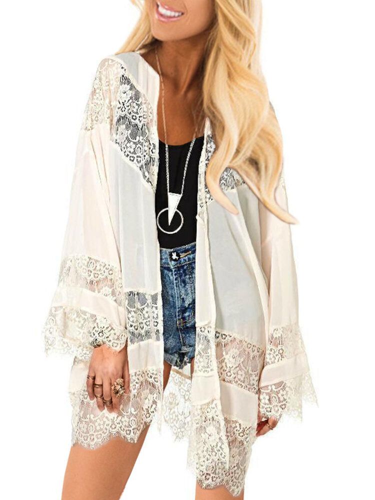 100% Polyester Fashion Lace Splice Loose Floral Cardigan Coat Für Frauen