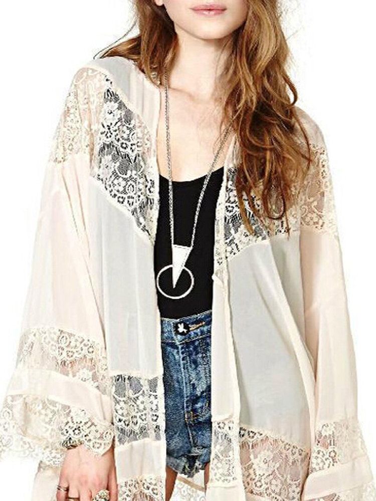 100% Polyester Fashion Lace Splice Loose Floral Cardigan Coat Für Frauen