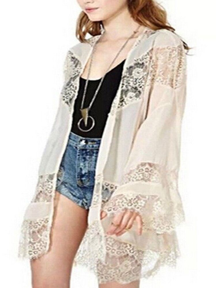 100% Polyester Fashion Lace Splice Loose Floral Cardigan Coat Für Frauen