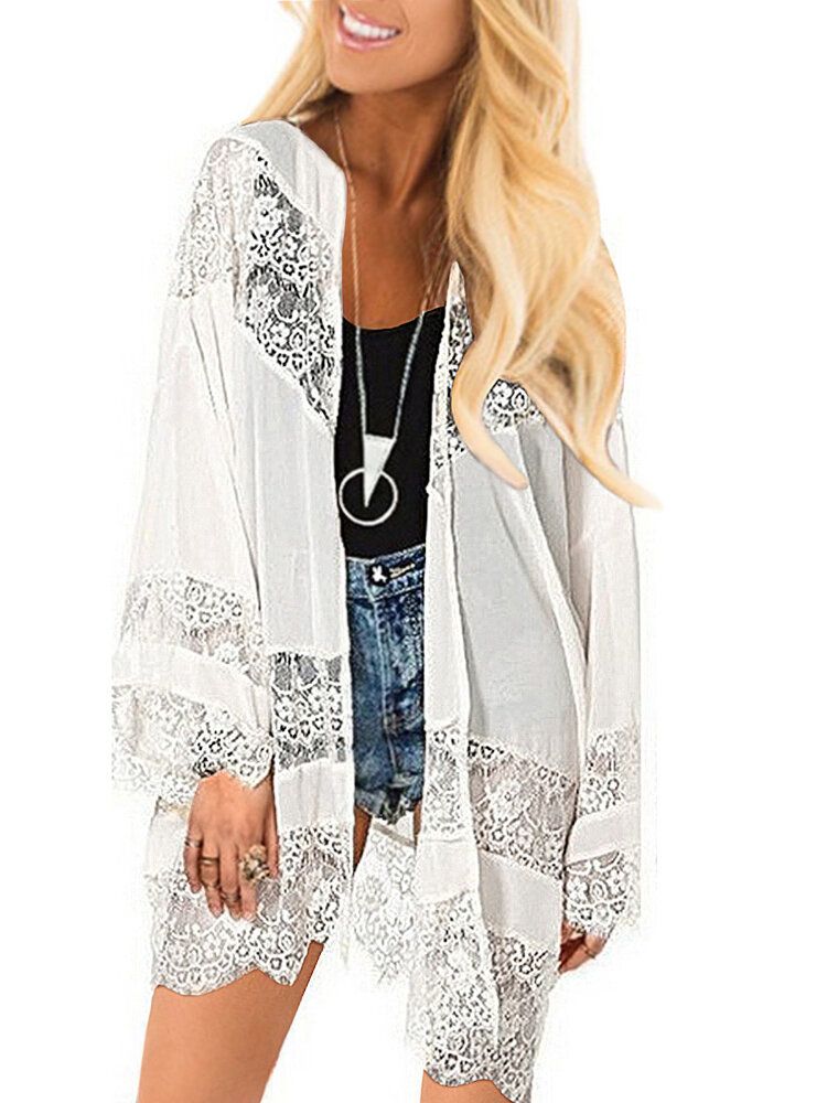 100% Polyester Fashion Lace Splice Loose Floral Cardigan Coat Für Frauen