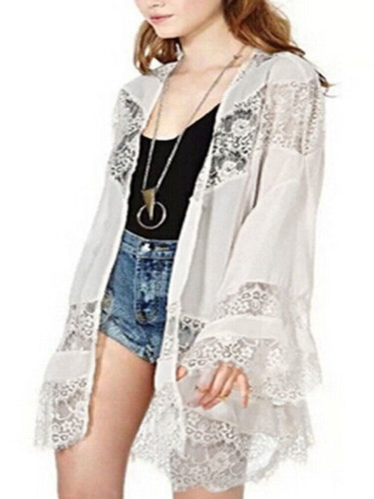 100% Polyester Fashion Lace Splice Loose Floral Cardigan Coat Für Frauen