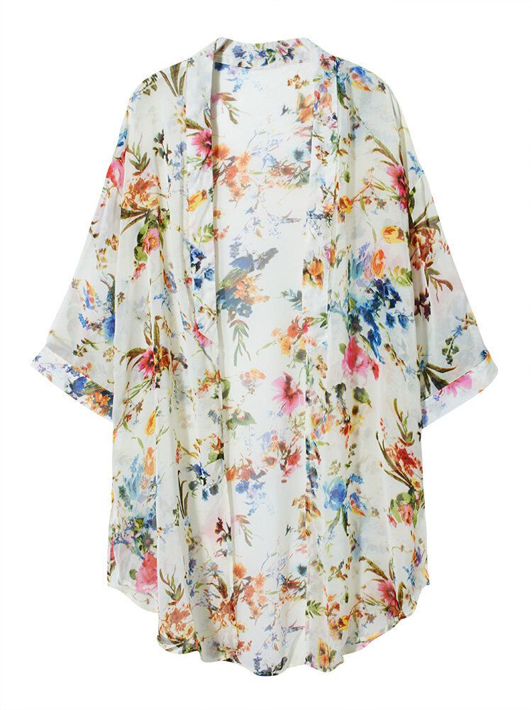 Bohemian Damen Floral Chiffon Bikini Smock Sheer Cardigan