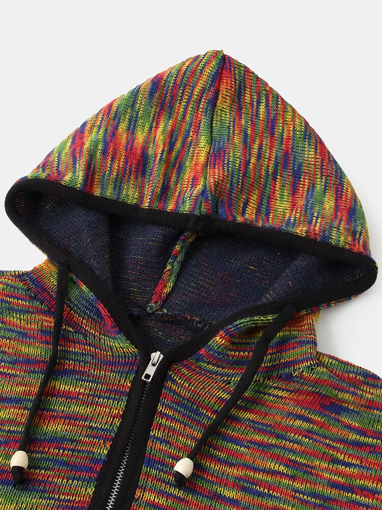 Bunte Gestrickte Herren-strickjacke Mit Reißverschluss Vorne Warmer Kordelzug Kapuzen-cardigans Mit Tasche