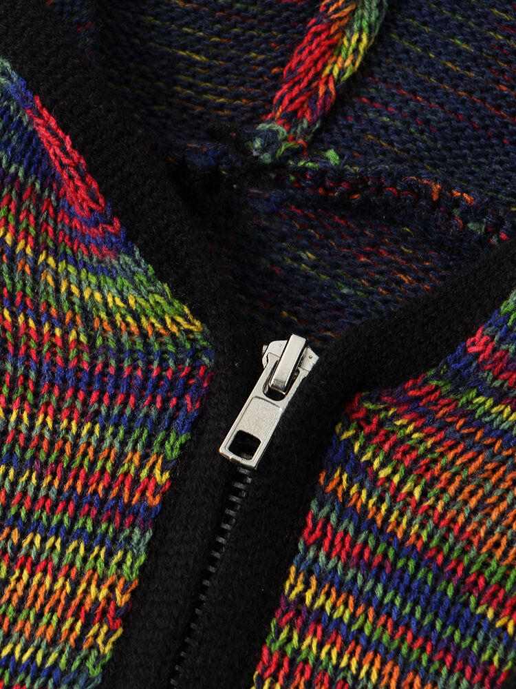 Bunte Gestrickte Herren-strickjacke Mit Reißverschluss Vorne Warmer Kordelzug Kapuzen-cardigans Mit Tasche